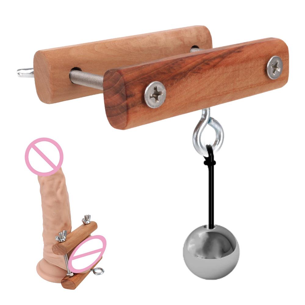 Stretcher Metal Ball Male Sex Toys Scrotum Pendant Ball Wooden Penis Rings Clamp Male Penis Training Testicle Crusher