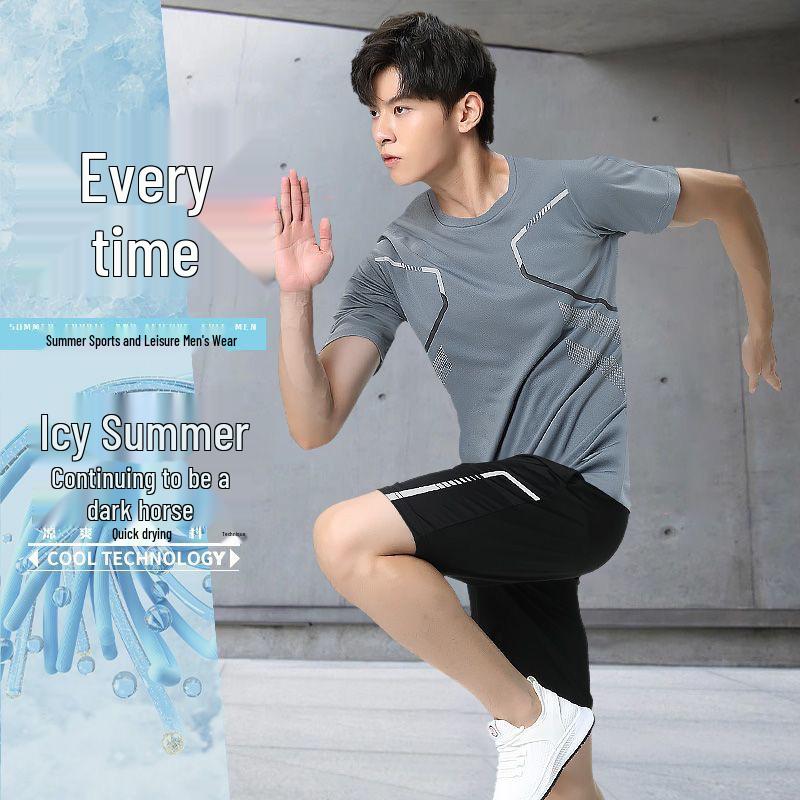 Men's Quick-Dry Ice Silk Sports T-Shirt & Shorts Set - Summer Running, Fitness, Basketball, Badminton Uniform