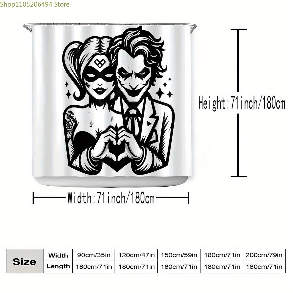 1pc WB shower curtain Joker and Quinn Patterned, polyester fabric, home bathroom decoration, shower curtain divider with hooks