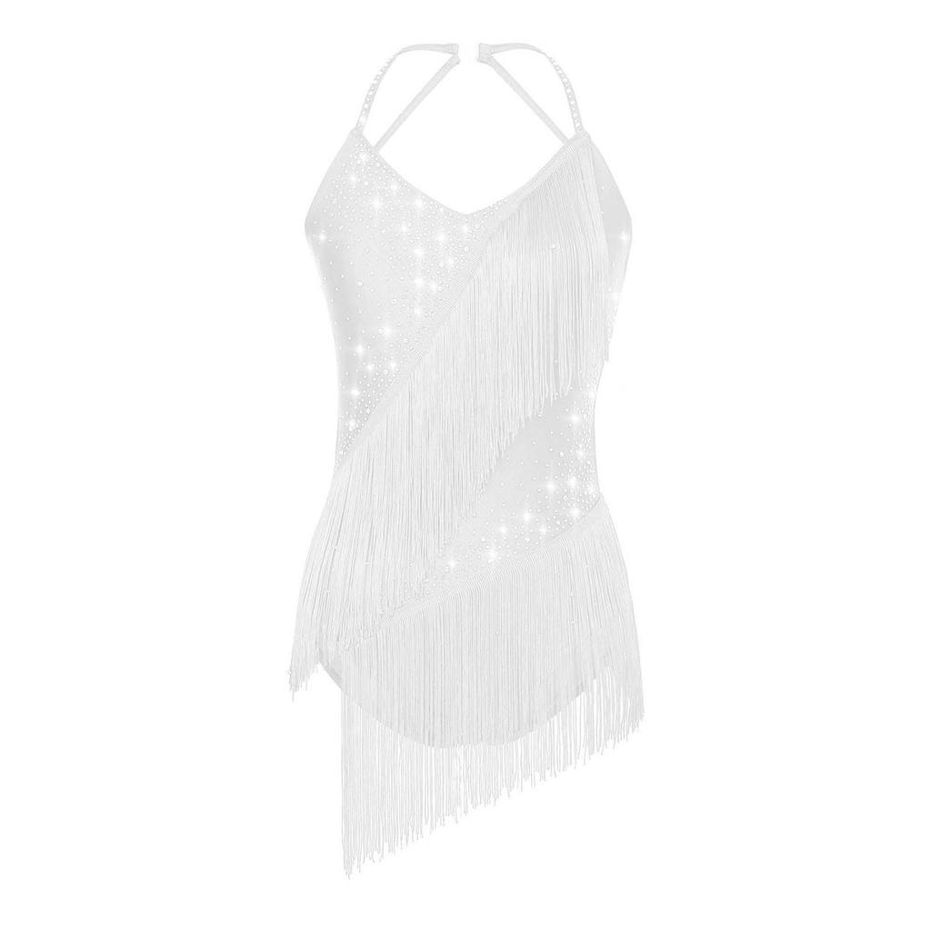 Womens Latin Dance Leotard Halter Neck Backless Design Rhinestone and Tassel Embellishments for Competitions and Shows
