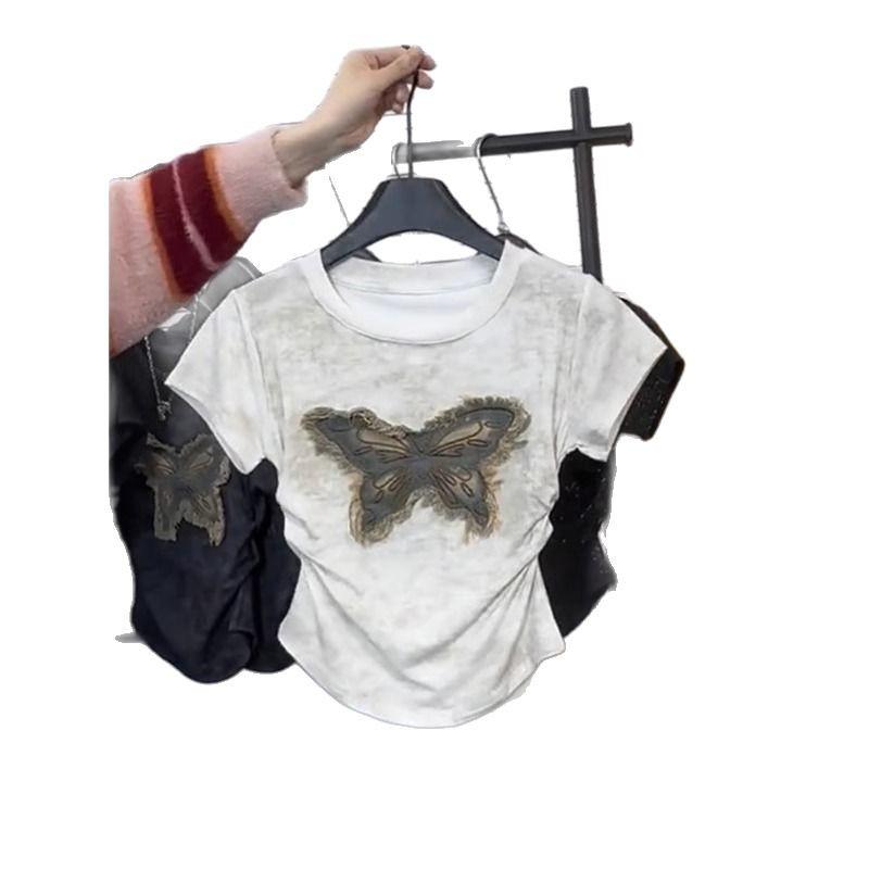 Women's New Summer Butterfly Tie-Dye Slim Fit T-Shirt - Short Sleeve, Straight Shoulder, Korean Style.