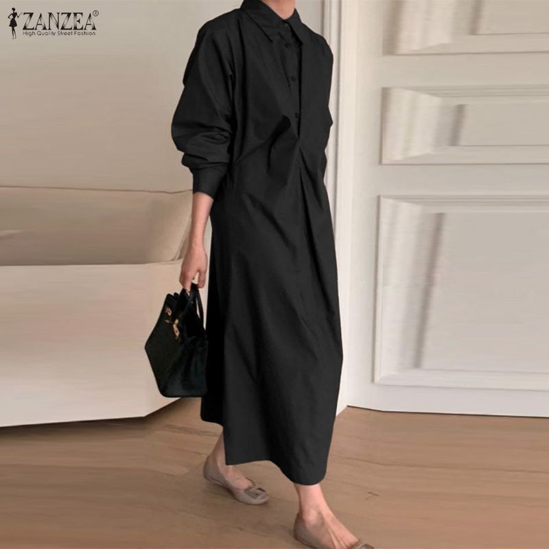 ZANZEA Damen Umlegekragen Langarm Casual Long Shirt Kleid
