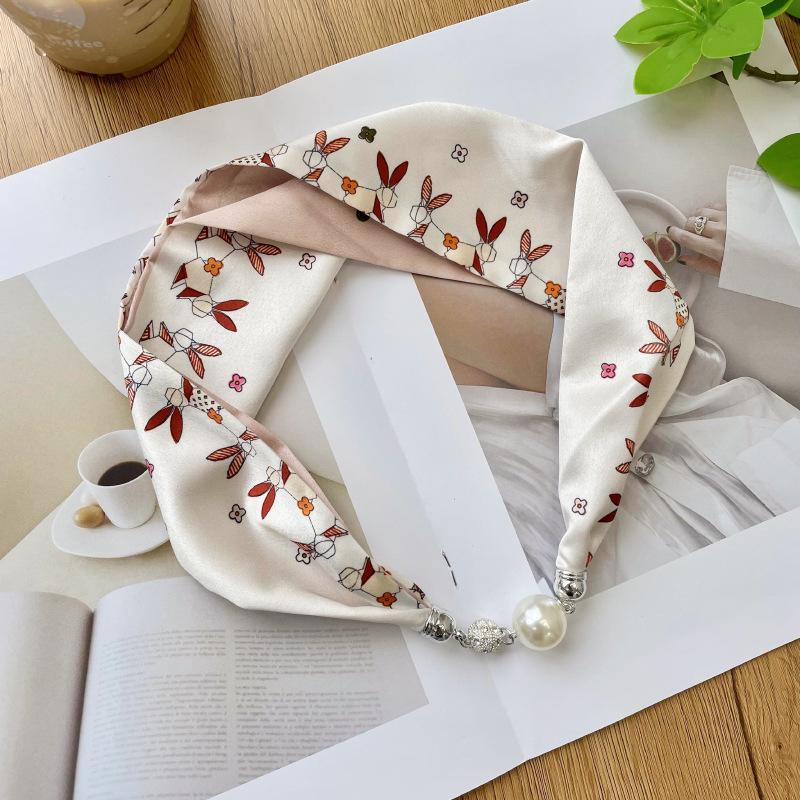 > New Magnetic Pearl Silk Scarf Necklace: Versatile High-End Neckerchief & Wrist Scarf