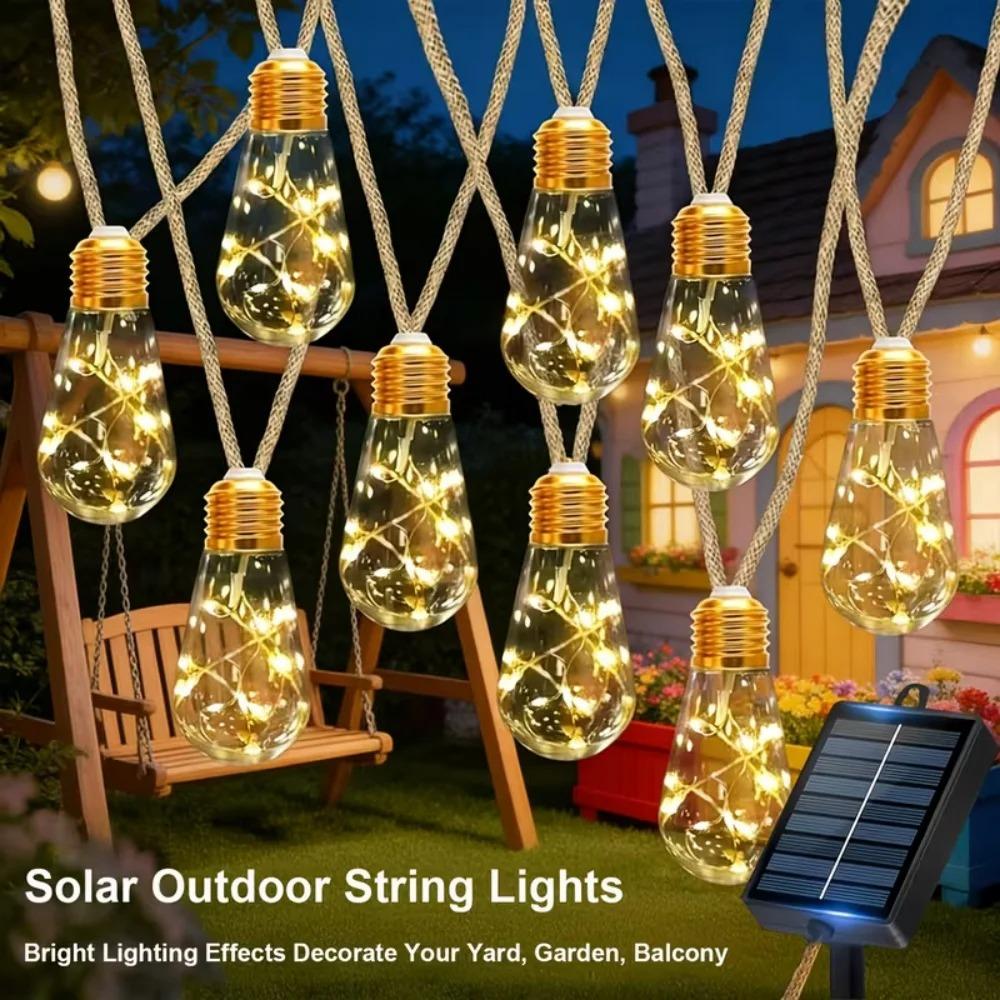 Solar Hemp Rope Fairy String Lights Waterproof Outdoor Decorative Lights for Patio Garden Party Decor