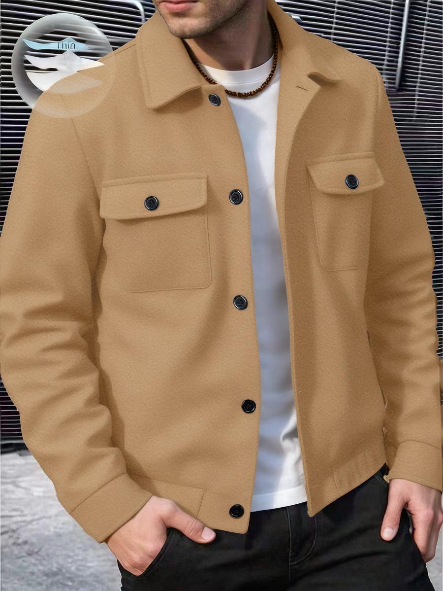 

Solid Color Double-Layer Woolen Coat for Men - Spring/Autumn Button Lapel Jacket with Patch Pockets. Small хакі