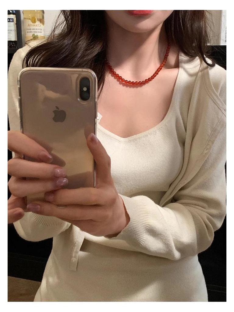 S925 Sterlingsilber Roter Achat Damen Halskette - Chinesisches Neujahr & Weihnachten Perlen Pulloverkette