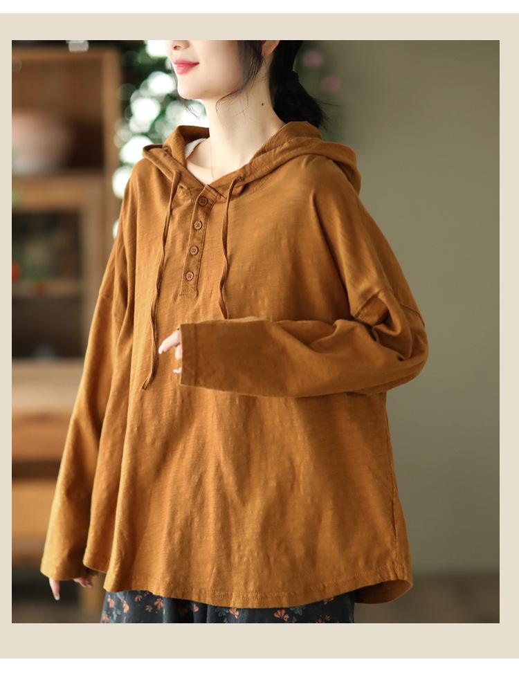 2025 Spring Retro Hooded Pullover: Women's Casual Loose Fit Solid Color Long Sleeve Sweatshirt