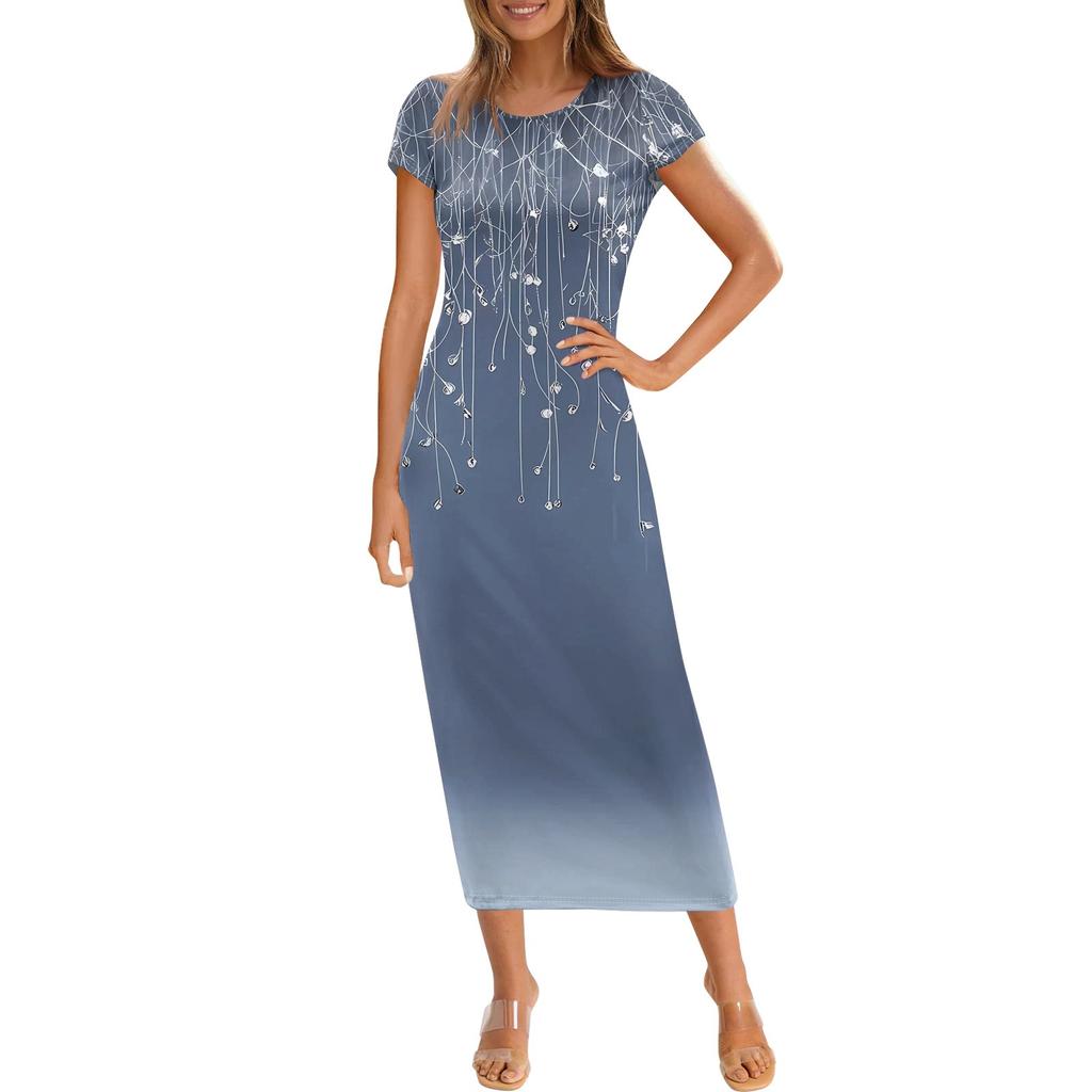 Vestido Largo Casual de Moda para Mujer con Estampado, Cuello Redondo y Manga Corta