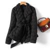 Winter Temperament Water Ripple Quilted Lightweight Down Cotton Jacket Lapel Waist Cinched Mid Length Elegant Cotton Coat