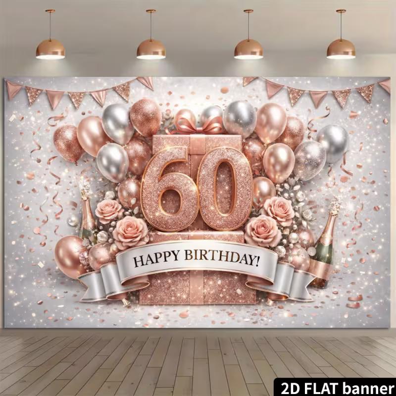 2D Champagne & Floral 60th Backdrop, Elegant & Luxurious Party Decoration 47.2x31.5inch/120*80cm