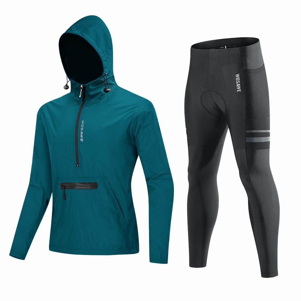 

WOSAWE велосипедные комплекты с капюшоном, ветрозащитная легкая велосипедная ветровка, велосипедные длинные штаны, 5D гелевые подушечки XL синий