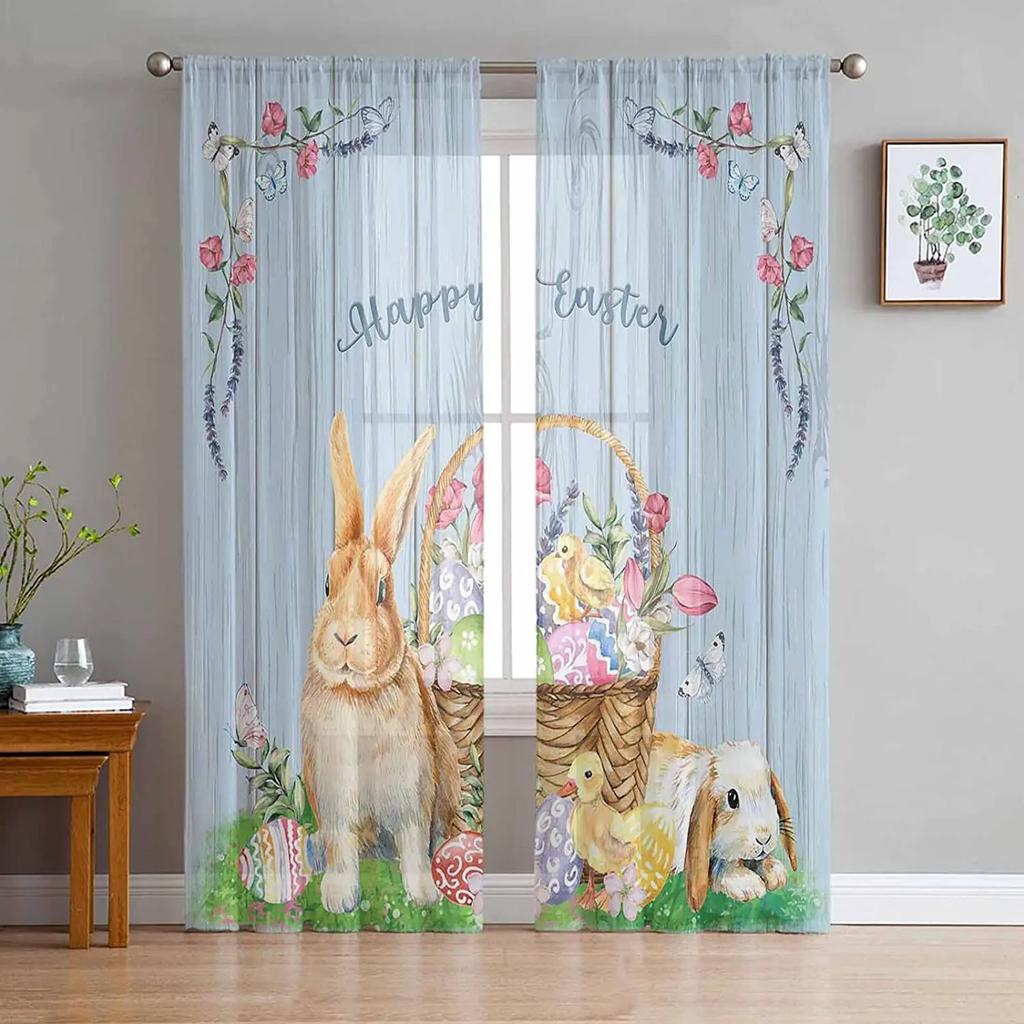 Sheer Easter Window Curtains Bedroom Living Room Egg Bunny Spring Flower Chiffon Voile Drapes Curtain Made Of Polyester Washable Sitting Ready
