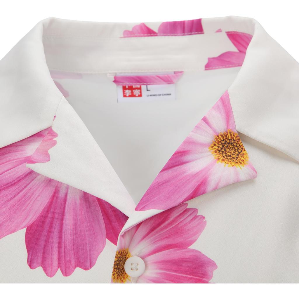 Li Ning Floral Print Polo Button Short Sleeve Shirt Unisex Shirts White ASHT217-1