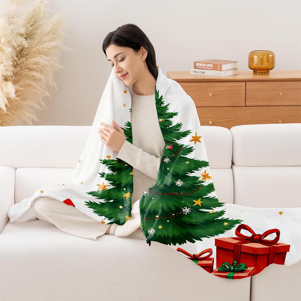 1 Stück Plüsch-Weihnachtsbaum Beflockte Decke - Weiche Ganzjahres-Sofa-Tagesdecke mit Grüner Tanne, Roten Ornamenten & Goldenen Sternen