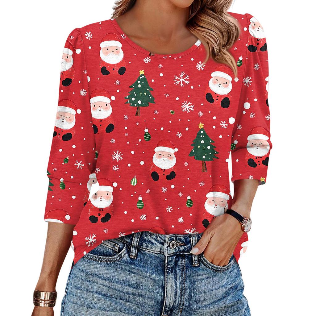Women's Fashion Casual 3/4 Christmas Print Color Shirt Women's Round Neck Tops
