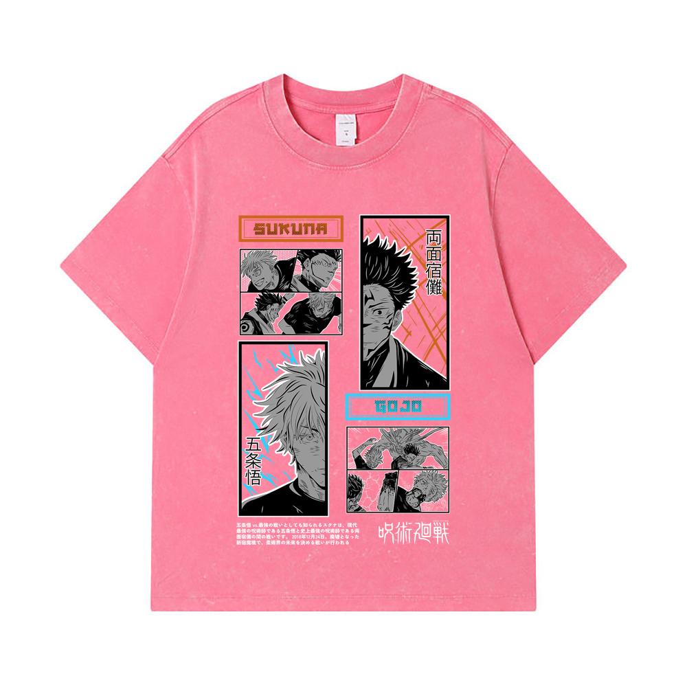 275 GSM Washed T-shirts 100% Cotton Jujutsu Kaisen V33 Gojo Sukuna Print Unisex Heavy Cotton T Shirt