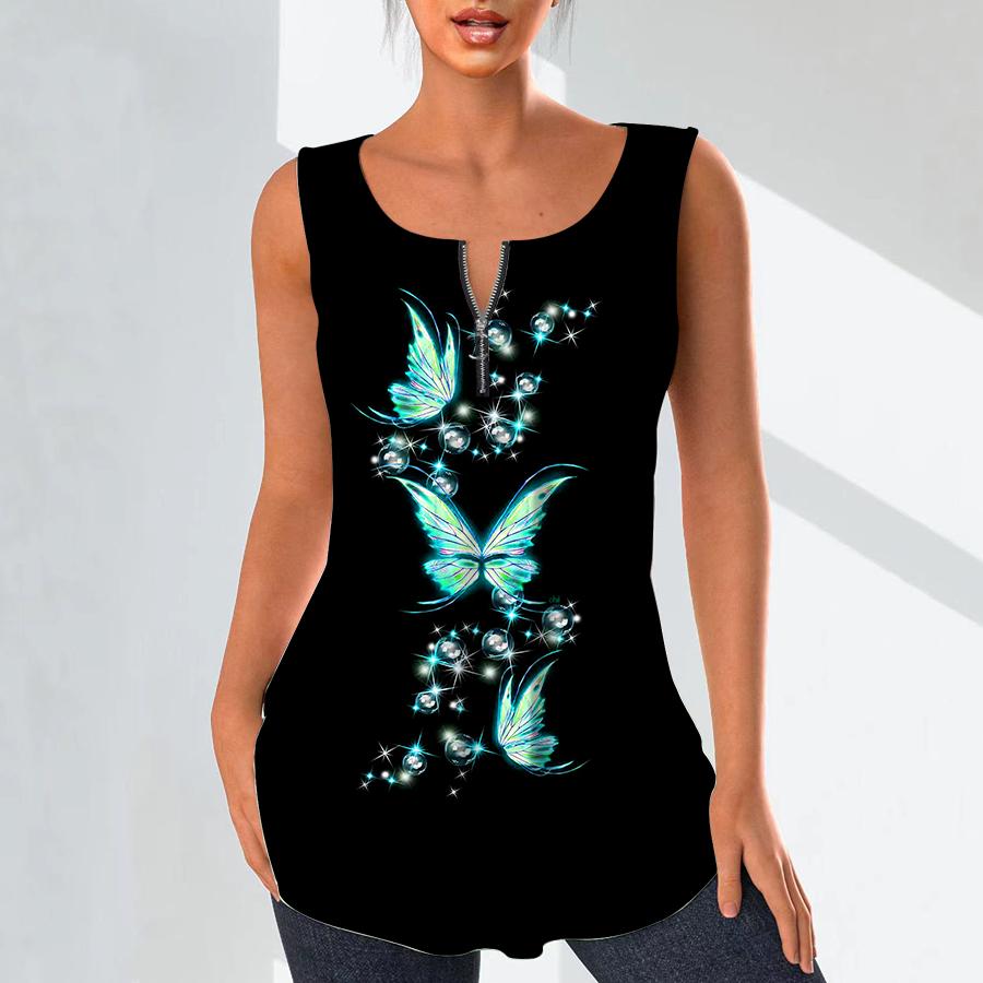 Dámská móda Košile s výstřihem do V Ležérní topy Tričko Dámské 3D krásný potisk motýla tílka Halenka velké velikosti bez rukávů Tílka