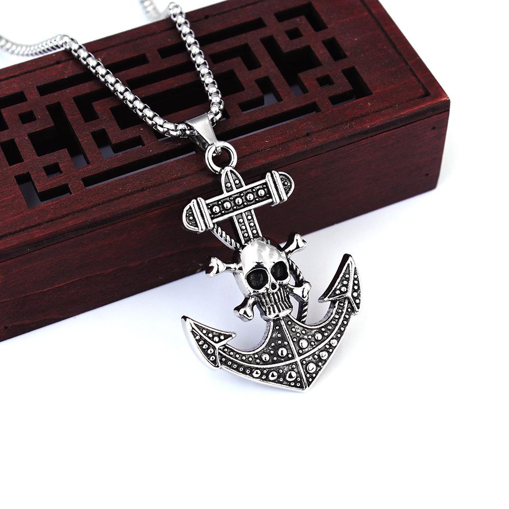 European and American Titanium Steel Pirate Ship Anchor Pendant Retro Crow Cross Skull Necklace Accessories 60CM