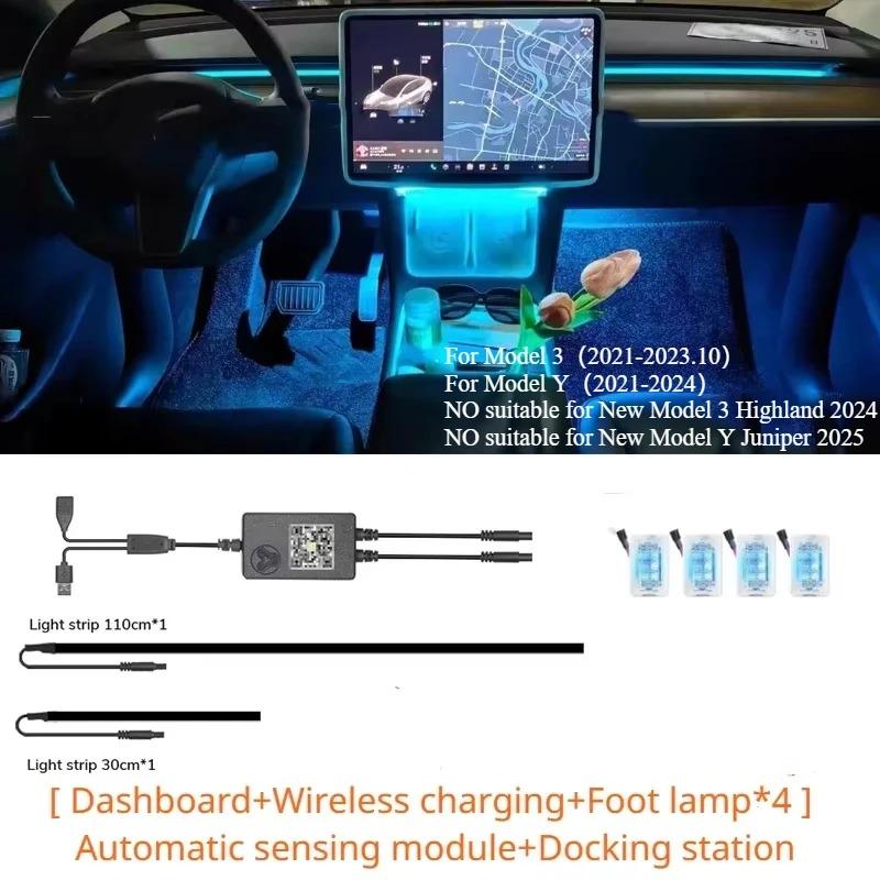 For Tesla Model 3 Y Instrument Panel Ambient Light Wireless Charging LED Atmosphere Light APP Control LED Strips Neon Lighting