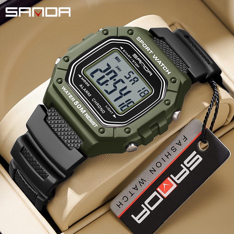 Sanda Teen & Men Multifunctional Waterproof Fashion Square Alarm Clock Watch