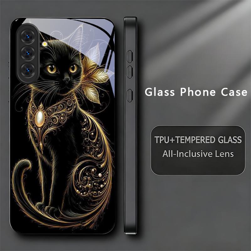 Luxury Jeweled Cat Black Phone Case For Samsung Galaxy Note 10 20 A 06 A07 12 A13 A14 A15 A16 A17 A22 A23 24 25 26 Glass Cover