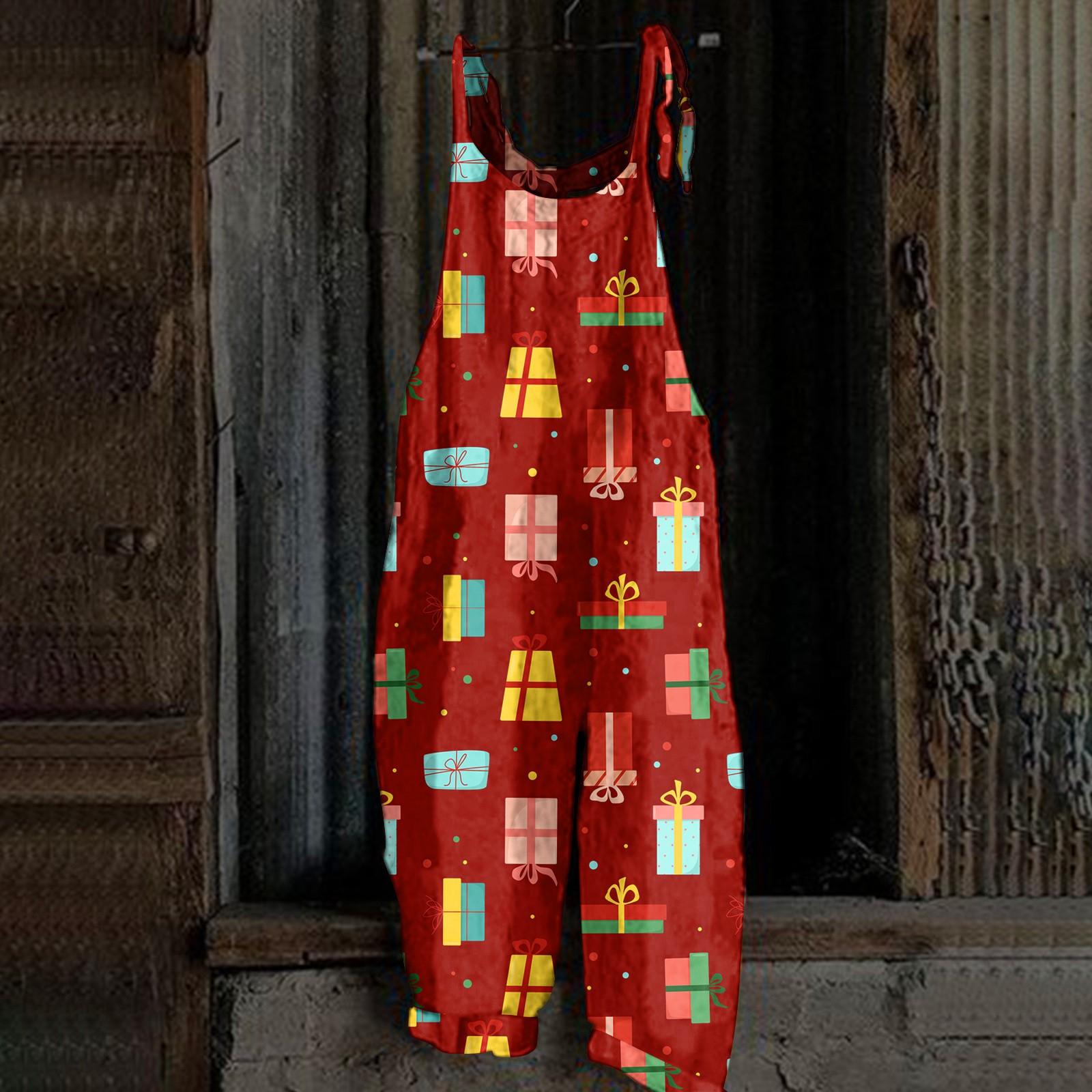 

Women s Jumpsuit Christmas Print Casual Loose Vintage Shoulder Strap Cotton Linen S червоний