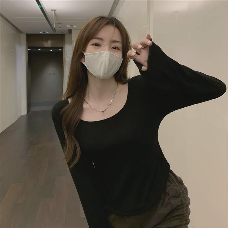 

Женский однотонный повседневный топ с длинными рукавами и U-образным вырезом на осень/зиму