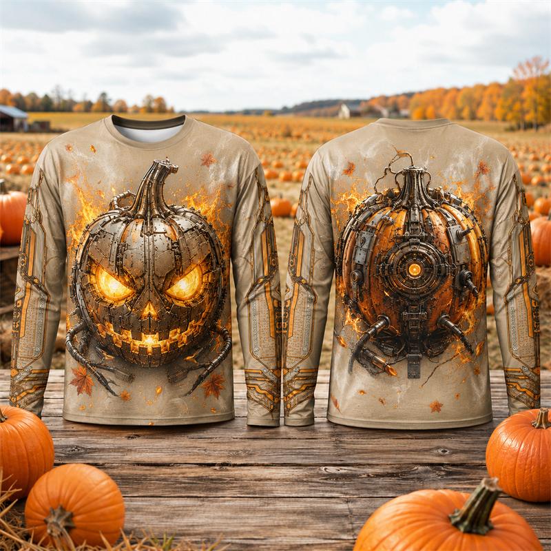Halloween Long Sleeve T Shirt Men Mechanical Cyber Jack O Lantern Pumpkin 3D Print Flame Autumn Leaf Graphic Top Party Unisex