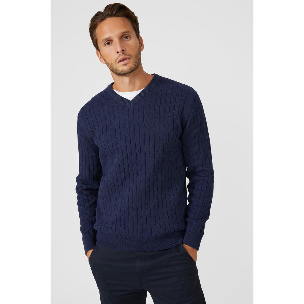 Maine Mens Premium Cable Cotton V Neck Jumper