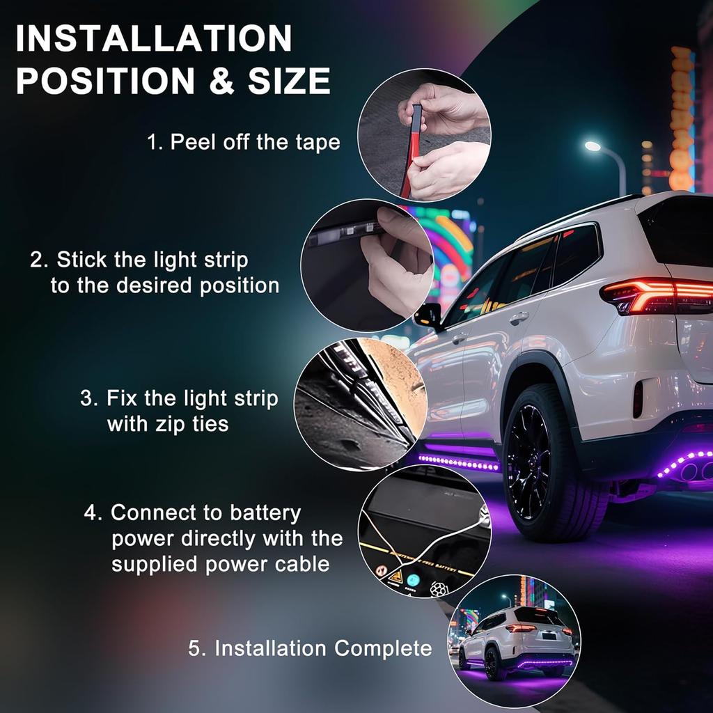Underglow LED Lights For Cars - 4PCS RGB Neon Light Kit With 252 LEDs, Bluetooth APP Control, 8 Colors/Music Sync, Waterproof PVC Strips For Cars,