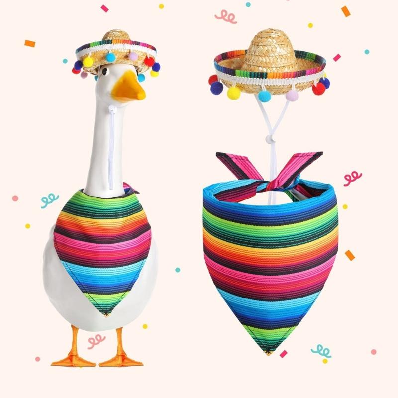 23Inch Mexico Decorative Geese Outfit With Natural Straw Sombrero and Bandana Set For Patios Garden Geese Statue Decors