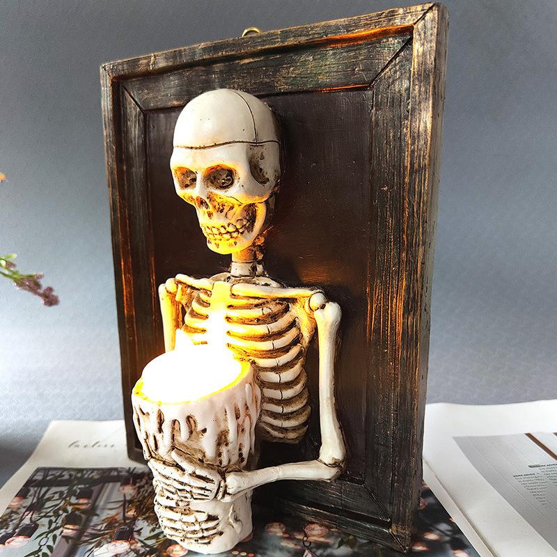 New Halloween Skull Photo Frame Candle Light Resin Skull Collision Horror Atmosphere Decoration Resin Ornaments
