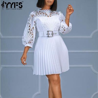 Kadın Moda Yaz Bahar Düz Renk Baskı Kısa Kollu O-Boyun Yüksek Bel Günlük Elbiseler