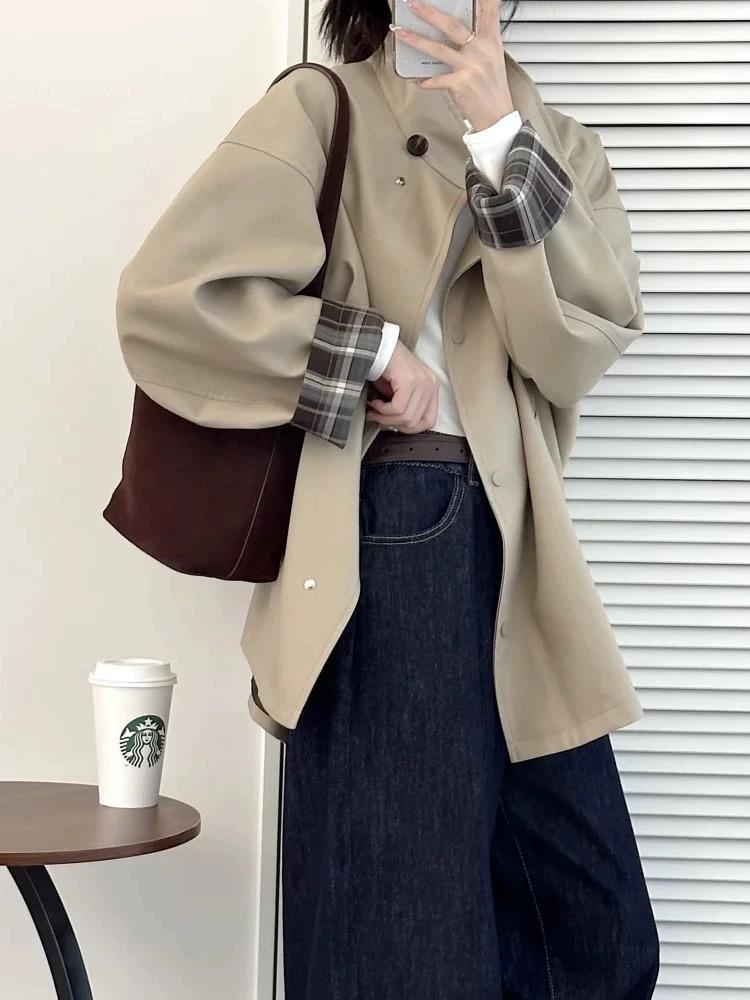 

Women s Autumn 2025 Colorblock Plaid Windbreaker Coat - Loose, Slimming, Versatile British Style Overcoat S