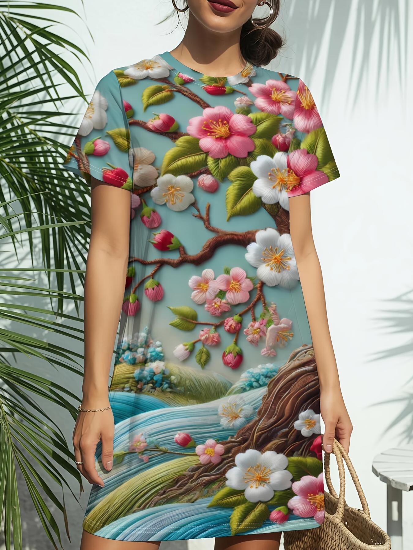 

The Blossom ; Wave Women S New Round Neck Short Sleeve T-Shirt Dress Features American Fashion Trends with Digital Prints. Perfect for Casual Wear in 4XL дубильна кора