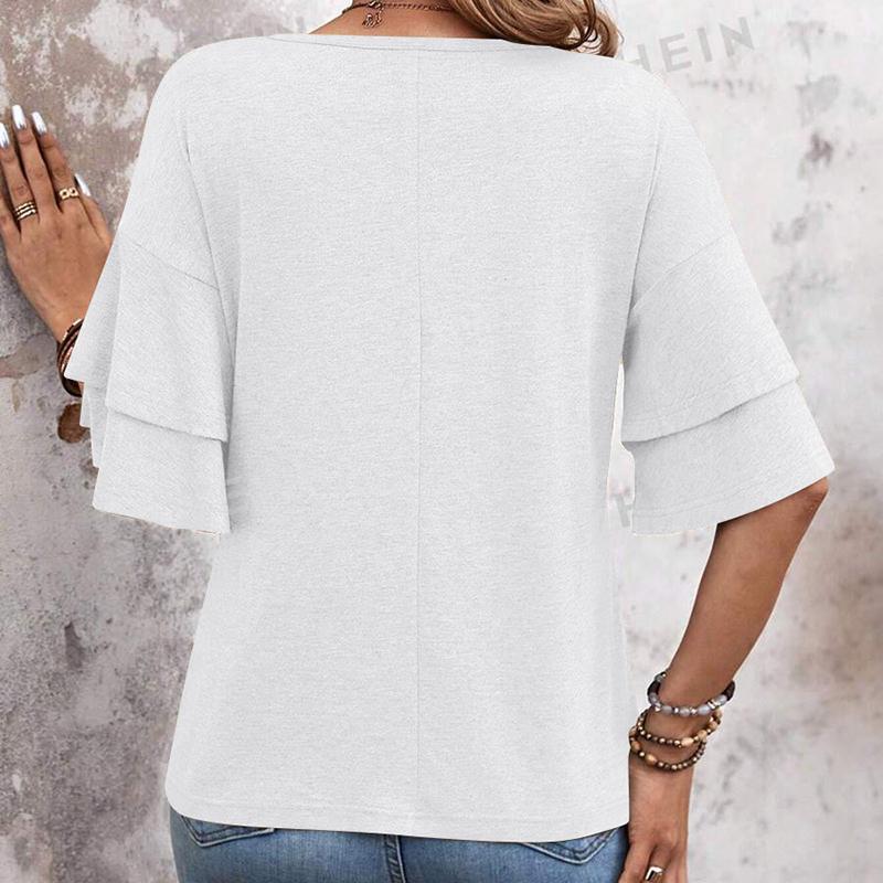 Ladies Summer Two Layer Short Sleeve  V Neck Solid Color Pullover T Shirt Top
