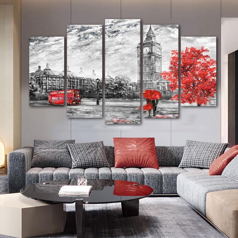5 Panels Landscape Posters Canvas Painting Building Prints Red London Clock Modern Home Decor Wall Art Pictures For Living Room