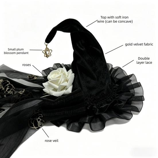 Holiday Atmosphere Props Halloween Witch Hat with Rose for Women, Gothic Vintage Mini Wizard Creative Headpiece Veil Costume, Dress Up, Masquerade