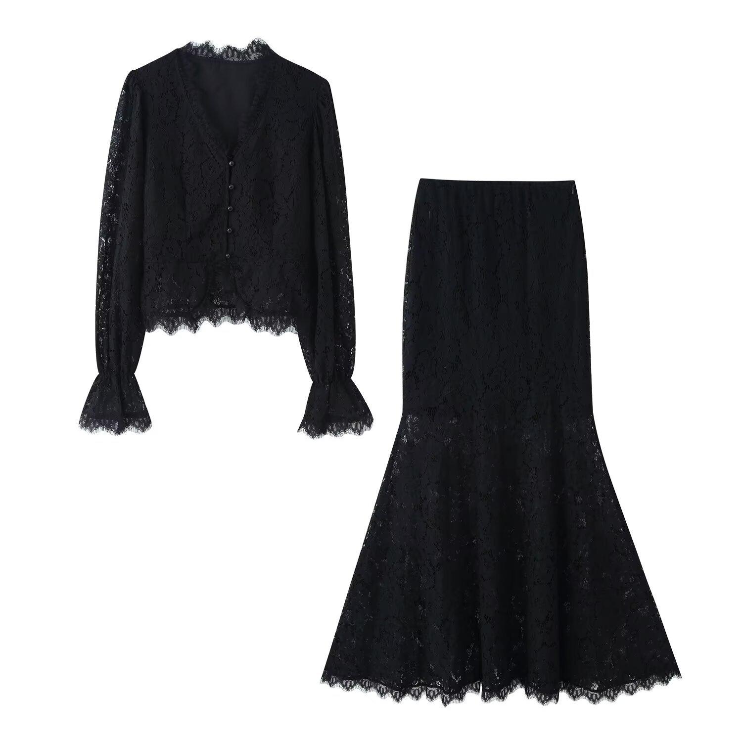 European and American women s clothing INS popular lace splicing top high waist skirt set S