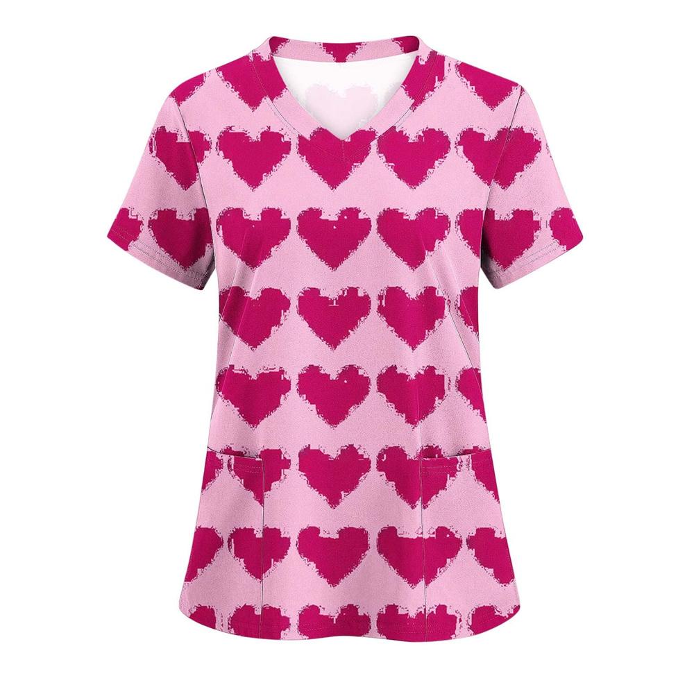 Surgical Uniforms Woman Heart Printed V-Neck Nurses Tops Short Sleeve Patch Pocket Medical Uniforms Surgical Uniforms Nursing