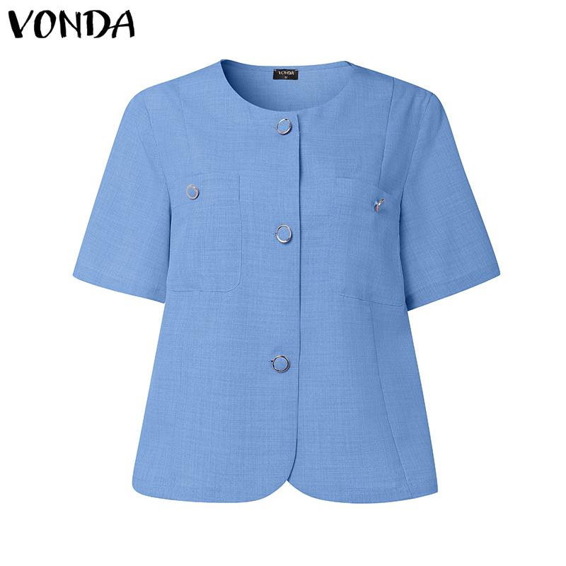 

VONDA Summer Elegant Women Short Sleeve Casual Cropped Blouse 2XL синий