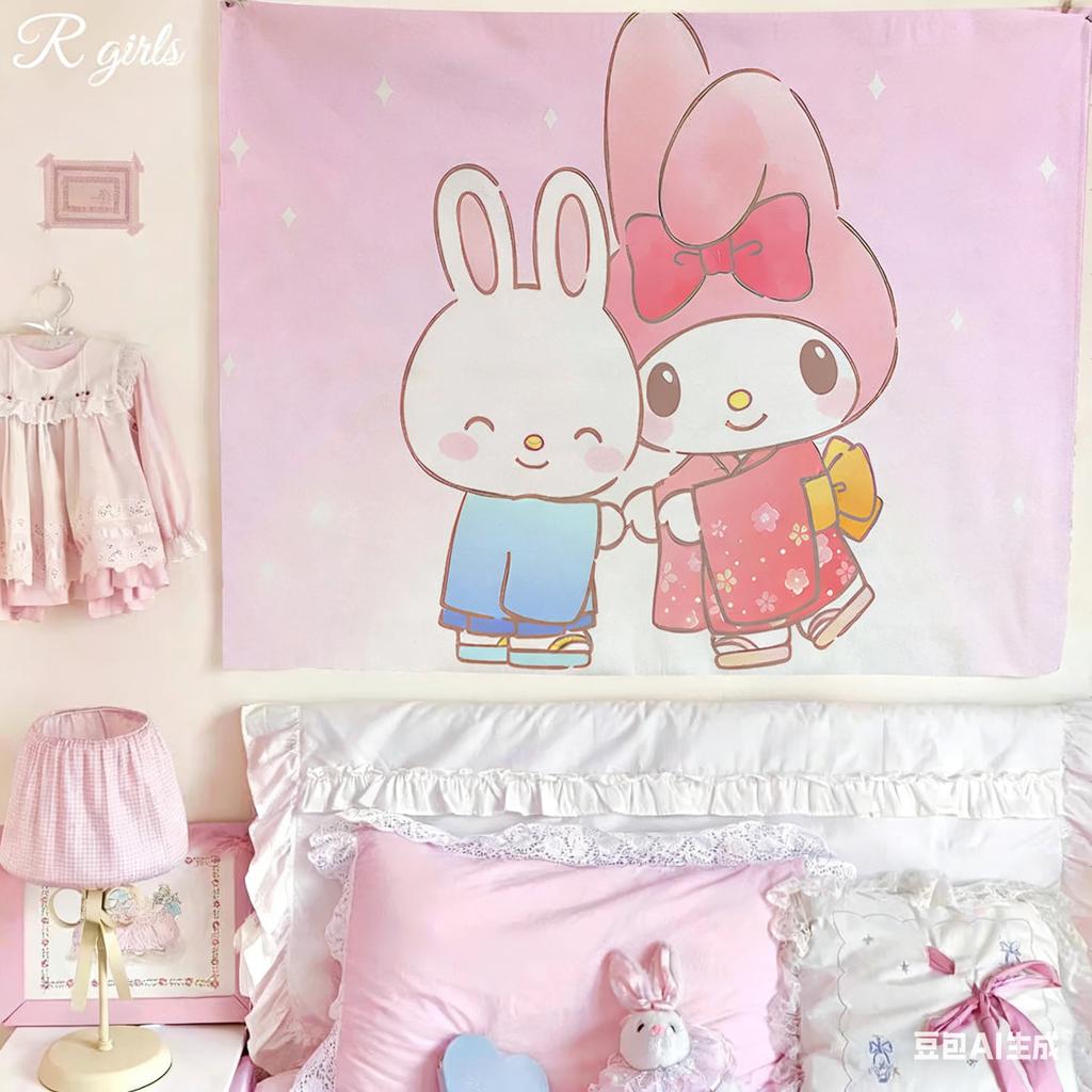 Cute My Melody Tapestry Kawaii Sanrio Bunny Print Wall Hanging for Teen Girl Bedroom Dorm Room Decor Multiple Sizes