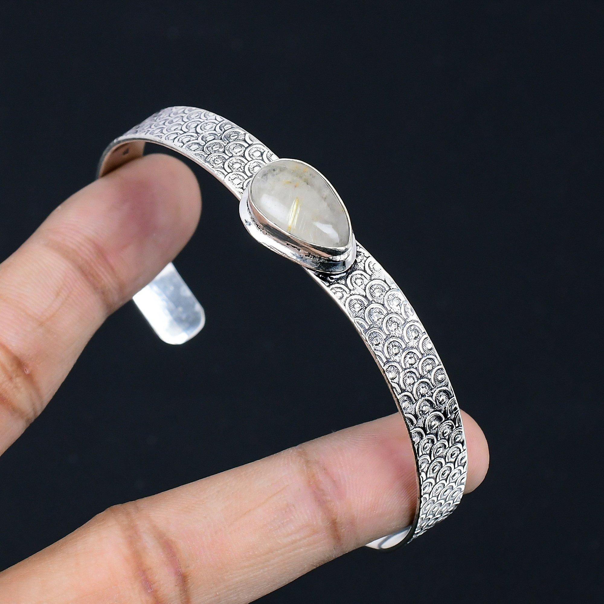 

Daughters Day Sale Golden Rutile Stone Wedding Bangle Jewelry Sterling Silver Adjustable