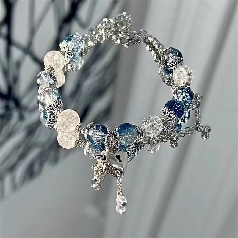 Niche Design Starfish Chain Tassel Bracelet for Women Fantasy Gradient Blue Crystal Beads Elastic Rope Bracelet Student Jewelry