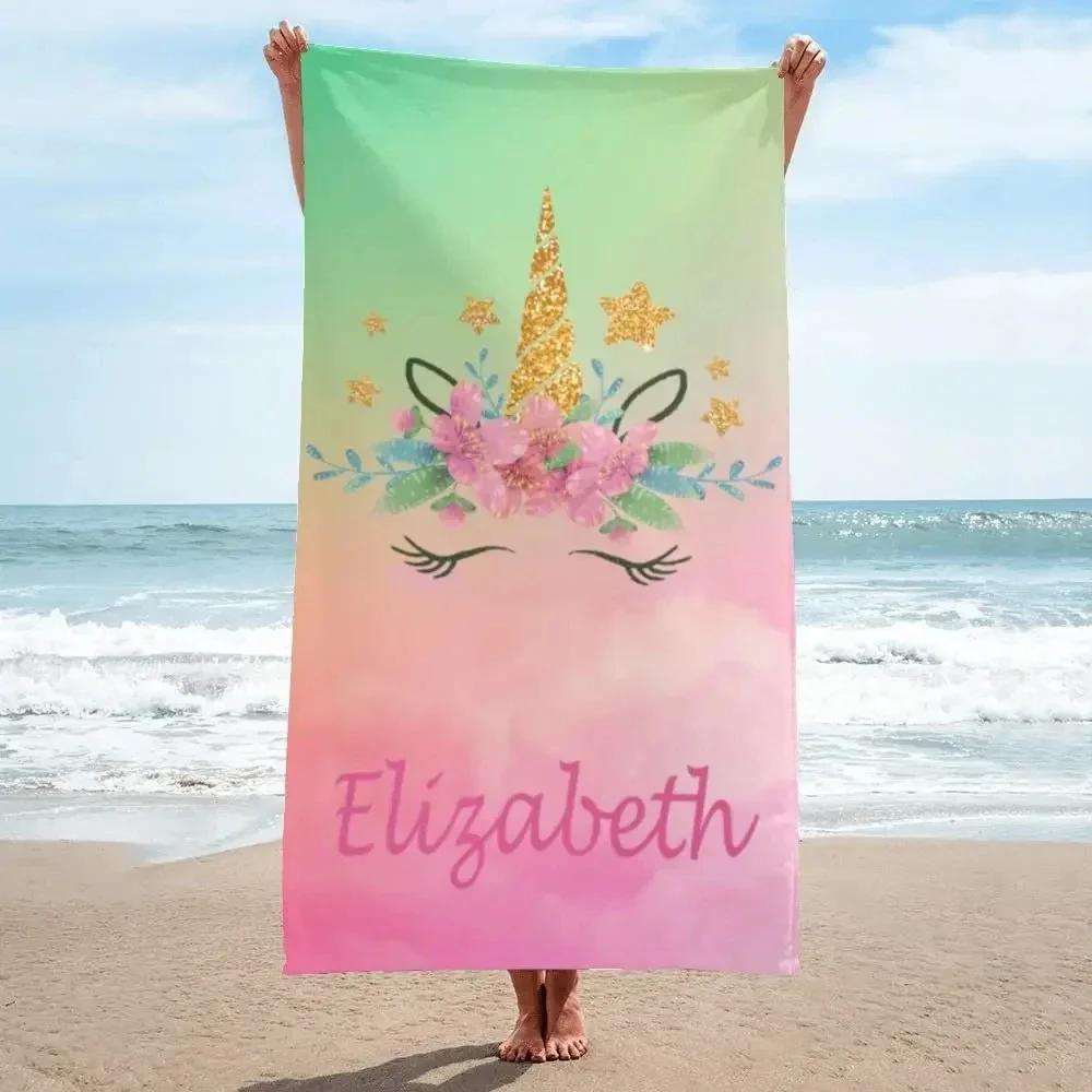 Personalisierbares Einhorn-Strandtuch mit Namen für Mädchen Jungen Schwimmen Sport Reisen Personalisierte Strandtücher Schnelltrocknend Personalisierbares Badetuch