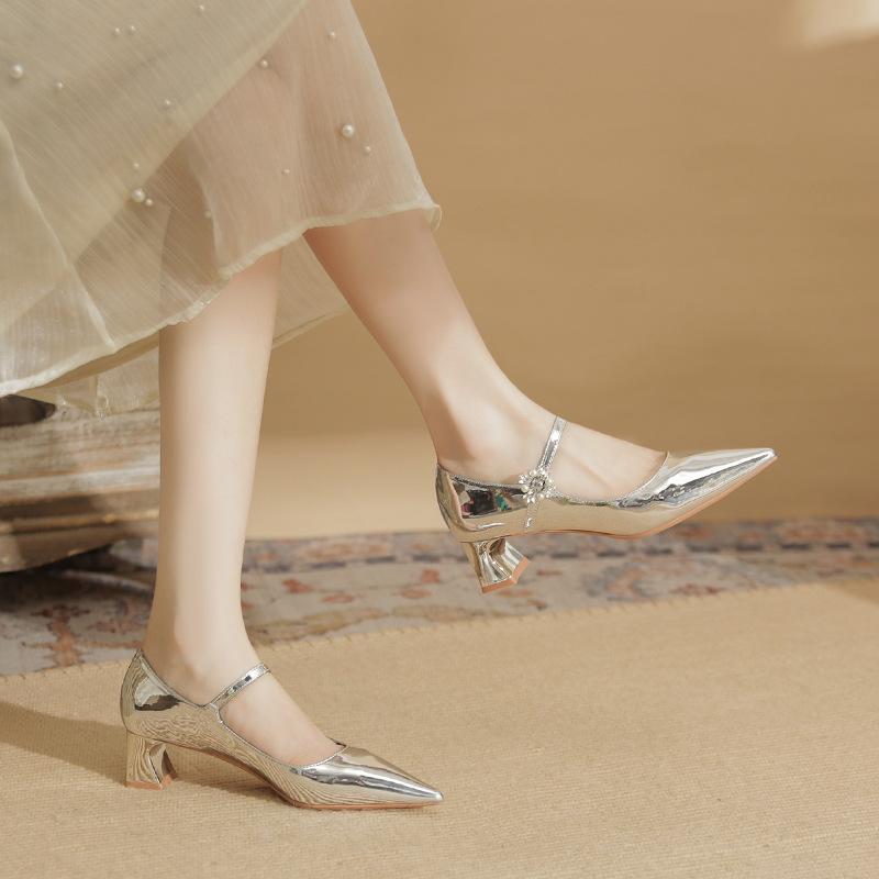 57007 [sheepskin] Silver High Heels Women's 2025 New Pointed One-word with Thick Heel Mary Jane Single Shoes