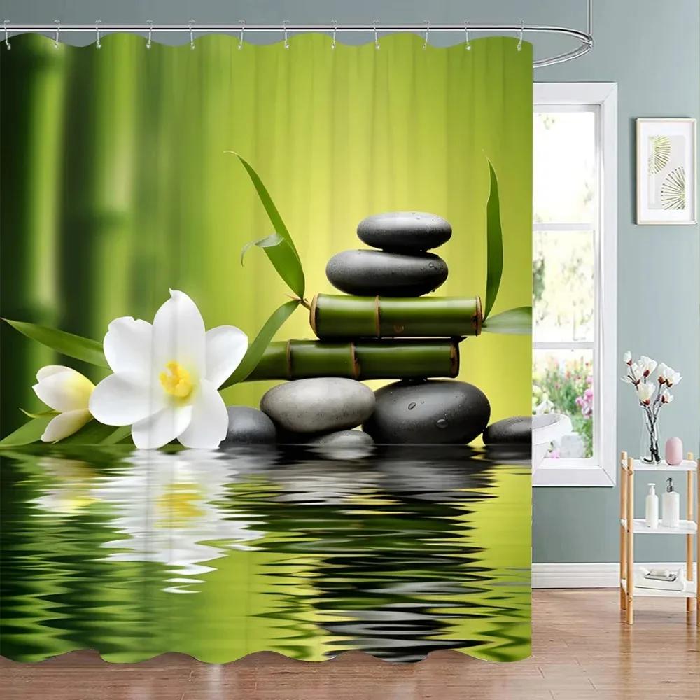 Green Bamboo Zen Shower Curtain Zen Stone Flower Flowers Meditation Zen Polyester Fabric Bath Curtains Bathroom Decor With Hooks