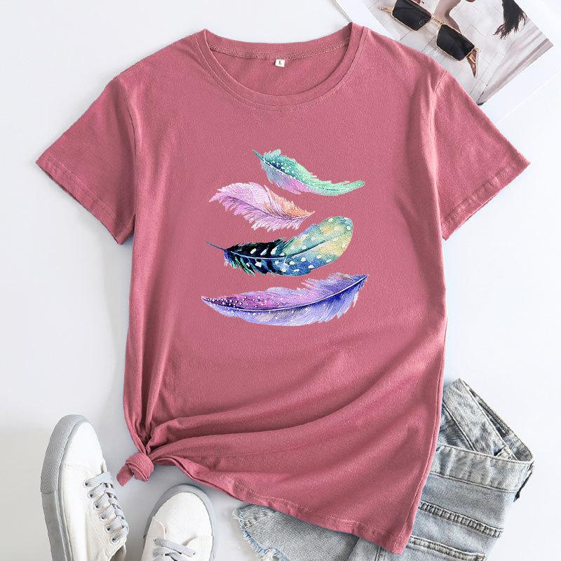 

Летний топ с круглым вырезом и цветным принтом перьев, модные повседневные милые женские футболки из чистого хлопка с короткими рукавами 3XL розы красного