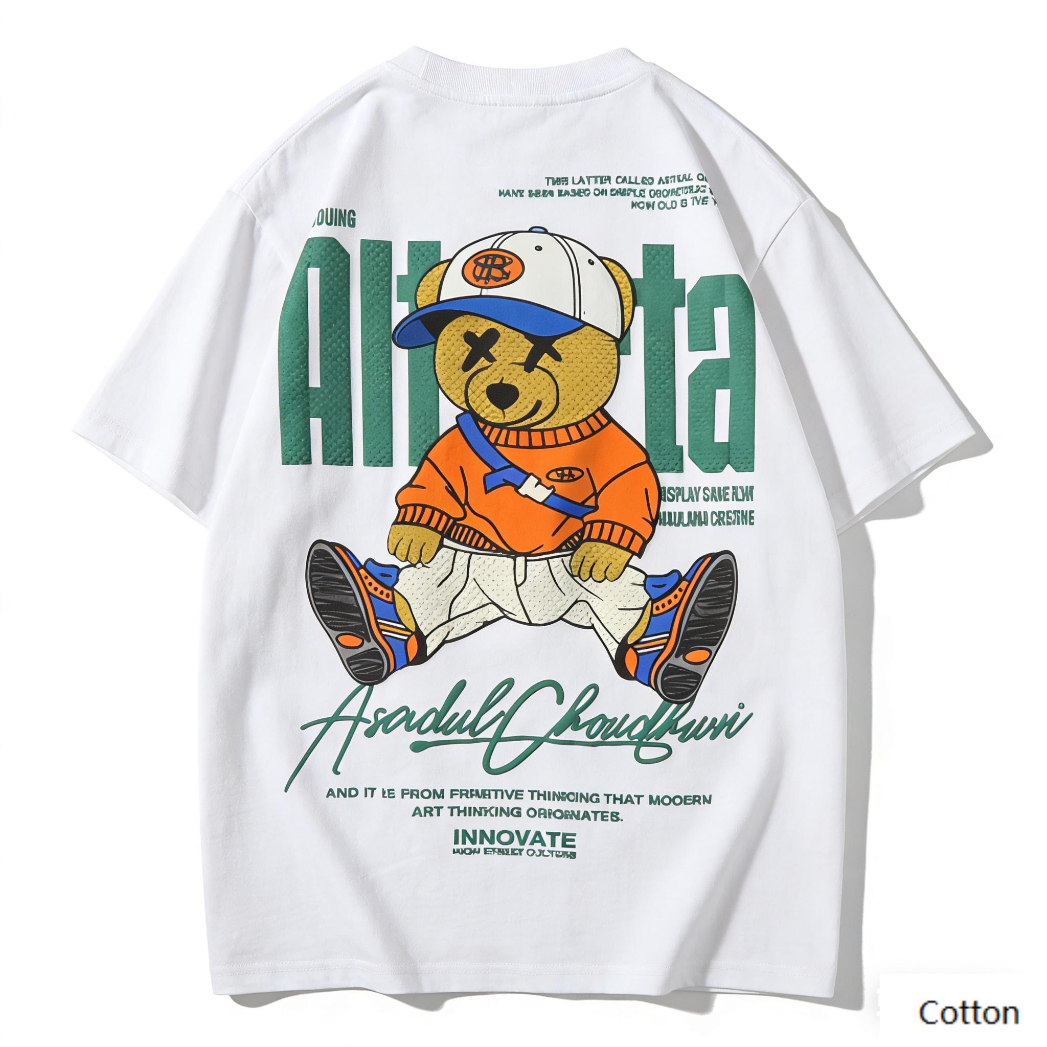 

American Street Style Cool Bear Graphic TShirt with Baseball Cap Print Retro Cotton Tee Aesthetic HipHop Style Unisex Top 4XL