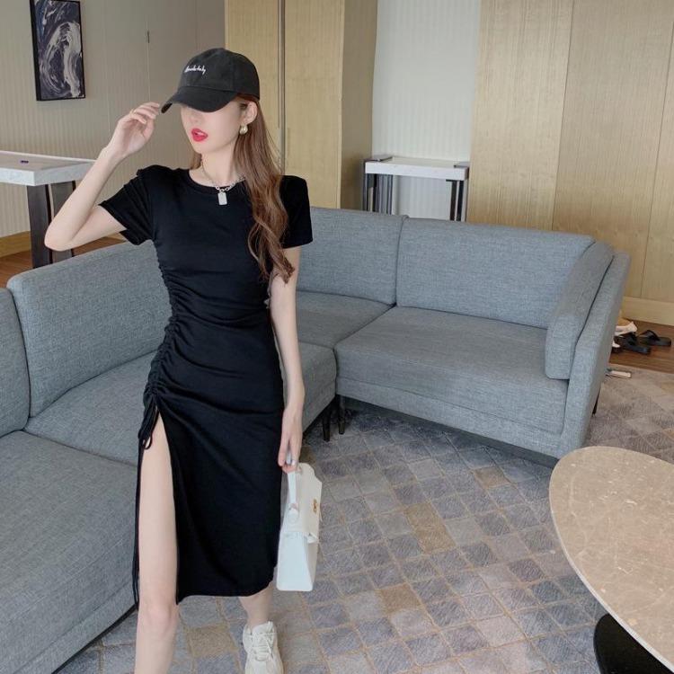Sexy Summer Slit Dress Women Long Dress Midlength Slimming Short Sleeve Drawstring S чёрный